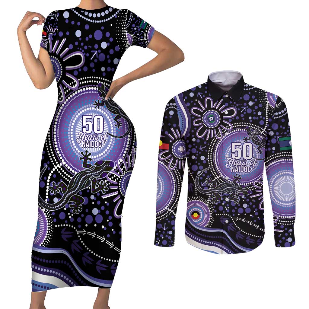 Australia NAIDOC Week Couples Matching Short Sleeve Bodycon Dress and Long Sleeve Button Shirt Happy 50th Anniversary Purple Version