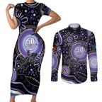 Australia NAIDOC Week Couples Matching Short Sleeve Bodycon Dress and Long Sleeve Button Shirt Happy 50th Anniversary Purple Version