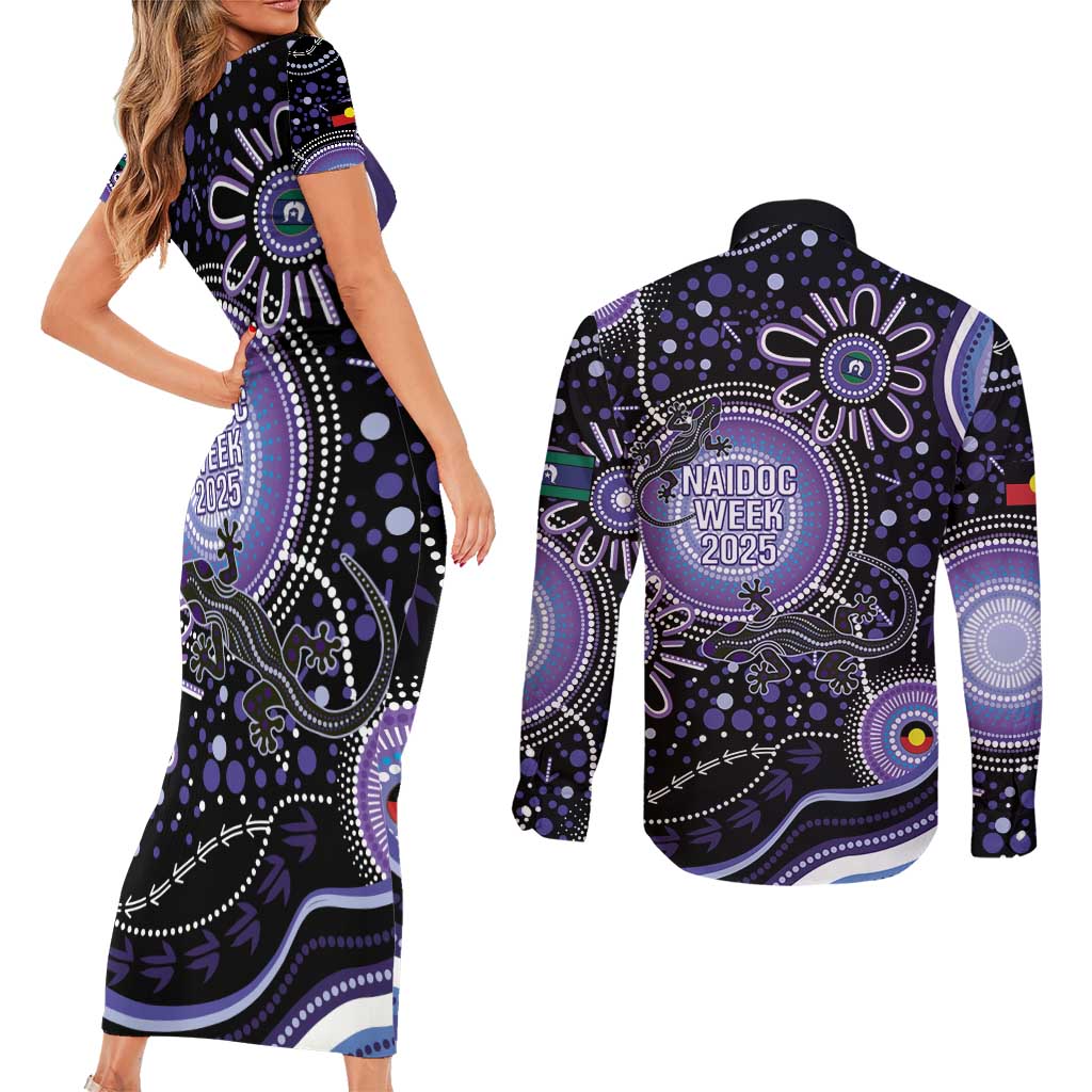 Australia NAIDOC Week Couples Matching Short Sleeve Bodycon Dress and Long Sleeve Button Shirt Happy 50th Anniversary Purple Version