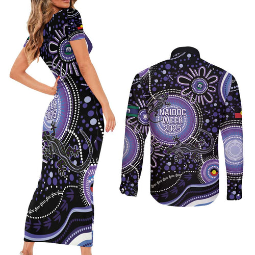 Australia NAIDOC Week Couples Matching Short Sleeve Bodycon Dress and Long Sleeve Button Shirt Happy 50th Anniversary Purple Version
