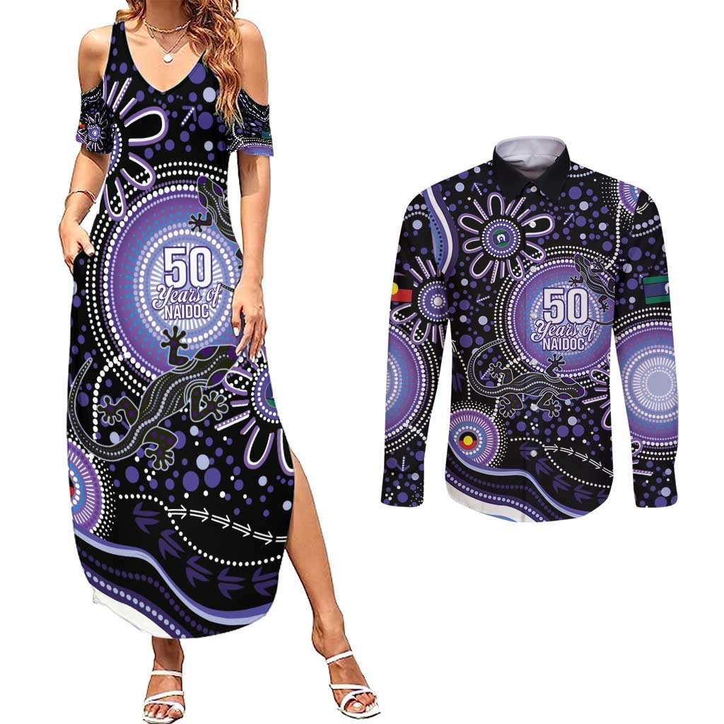 Australia NAIDOC Week Couples Matching Summer Maxi Dress and Long Sleeve Button Shirt Happy 50th Anniversary Purple Version