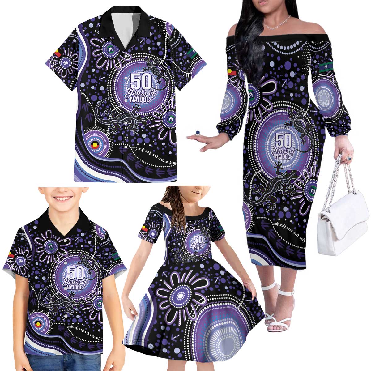 Australia NAIDOC Week Family Matching Off The Shoulder Long Sleeve Dress and Hawaiian Shirt Happy 50th Anniversary Purple Version