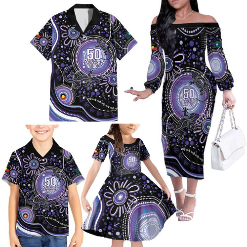 Australia NAIDOC Week Family Matching Off The Shoulder Long Sleeve Dress and Hawaiian Shirt Happy 50th Anniversary Purple Version