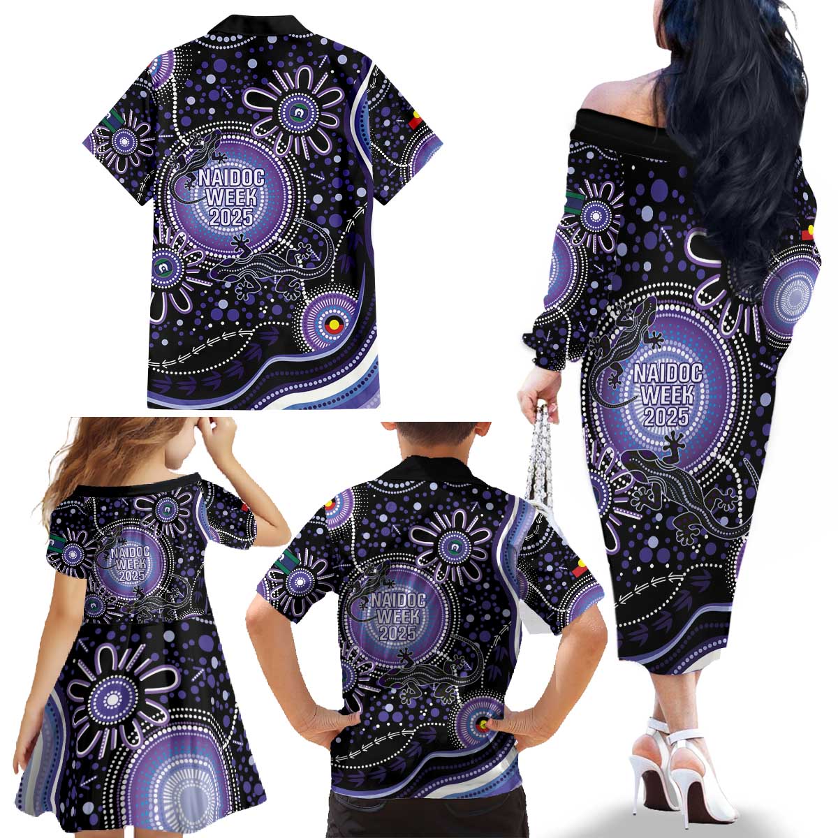 Australia NAIDOC Week Family Matching Off The Shoulder Long Sleeve Dress and Hawaiian Shirt Happy 50th Anniversary Purple Version