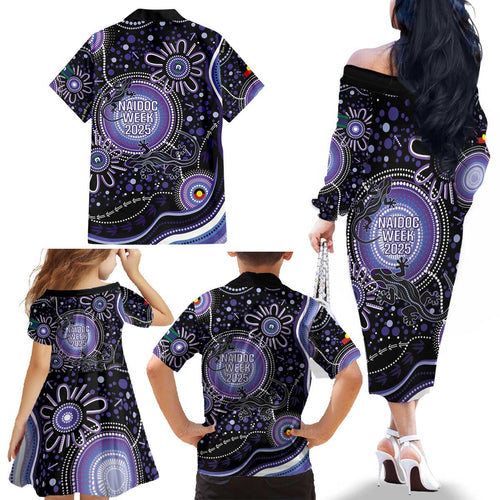 Australia NAIDOC Week Family Matching Off The Shoulder Long Sleeve Dress and Hawaiian Shirt Happy 50th Anniversary Purple Version