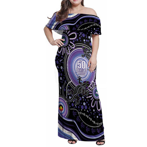 Australia NAIDOC Week Family Matching Off Shoulder Maxi Dress and Hawaiian Shirt Happy 50th Anniversary Purple Version
