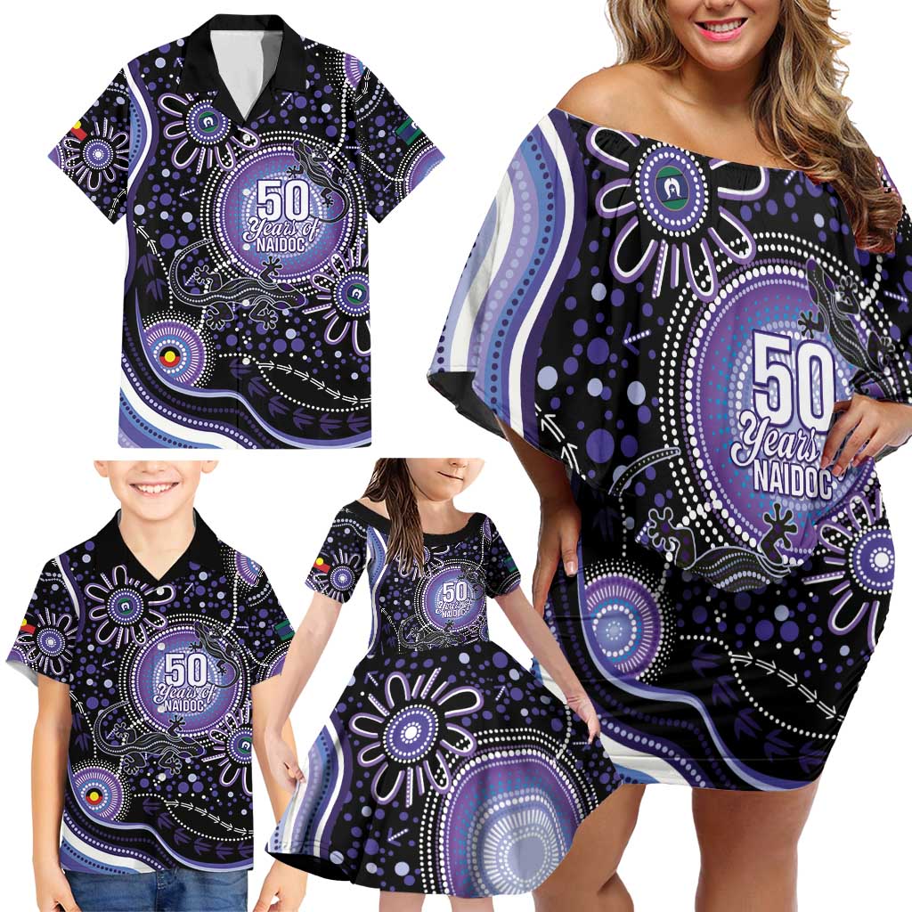 Australia NAIDOC Week Family Matching Off Shoulder Short Dress and Hawaiian Shirt Happy 50th Anniversary Purple Version