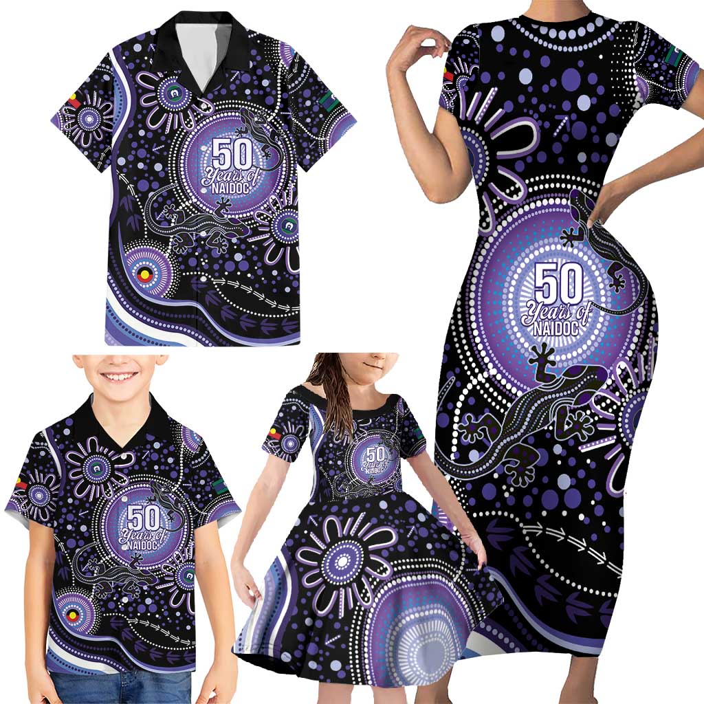 Australia NAIDOC Week Family Matching Short Sleeve Bodycon Dress and Hawaiian Shirt Happy 50th Anniversary Purple Version