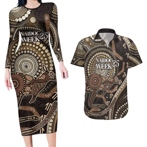 Australia NAIDOC Week 2025 Couples Matching Long Sleeve Bodycon Dress and Hawaiian Shirt Boomerang Kangaroo Indigenous Art