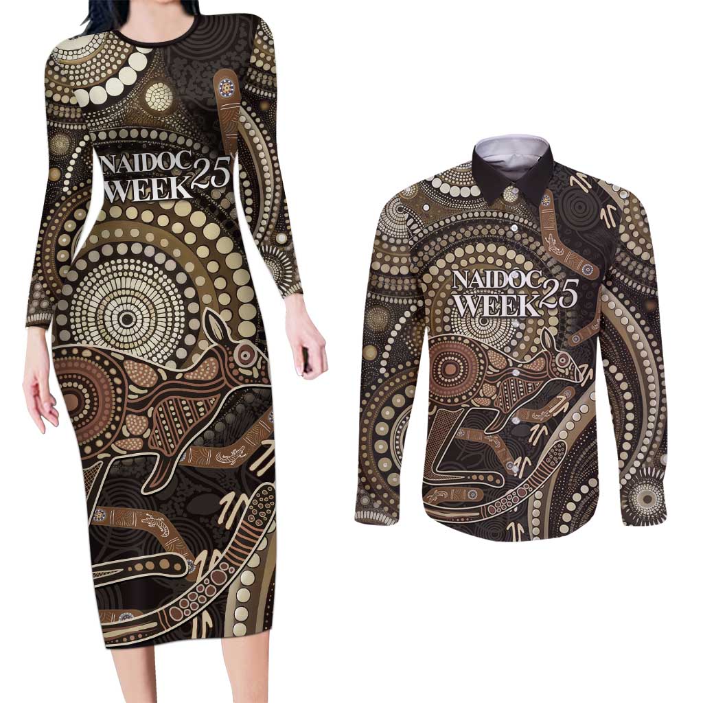Australia NAIDOC Week 2025 Couples Matching Long Sleeve Bodycon Dress and Long Sleeve Button Shirt Boomerang Kangaroo Indigenous Art