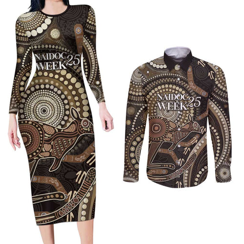 Australia NAIDOC Week 2025 Couples Matching Long Sleeve Bodycon Dress and Long Sleeve Button Shirt Boomerang Kangaroo Indigenous Art