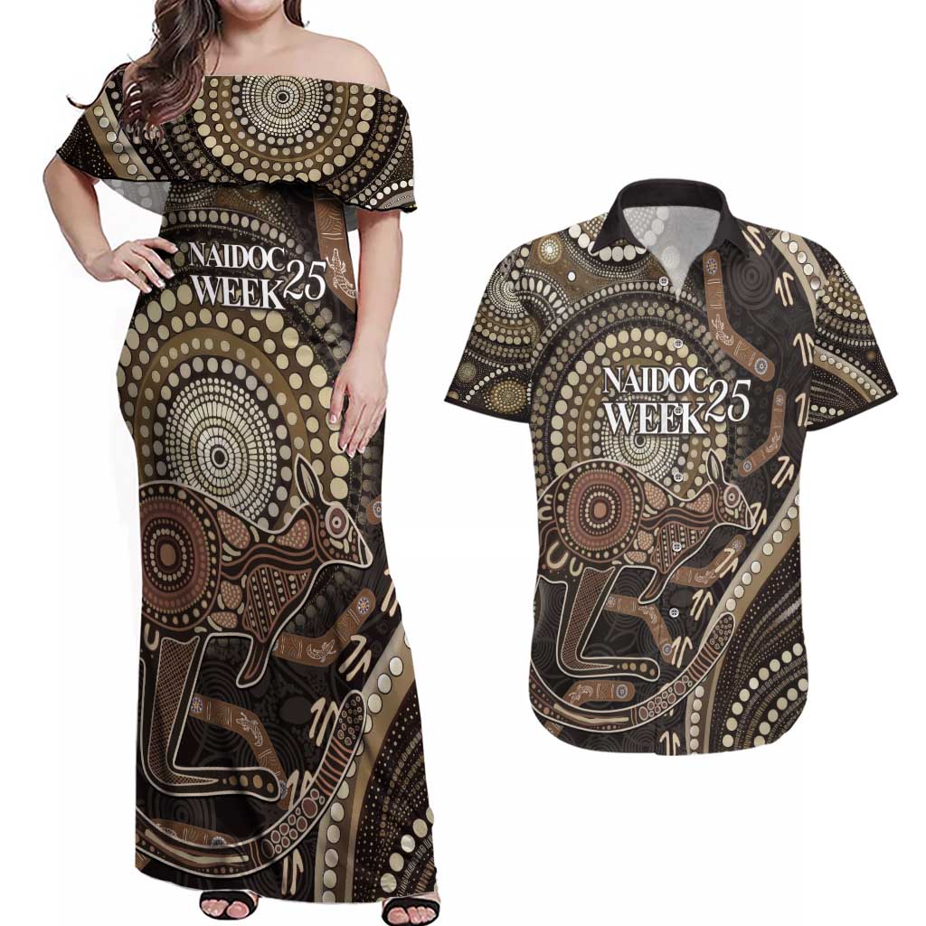 Australia NAIDOC Week 2025 Couples Matching Off Shoulder Maxi Dress and Hawaiian Shirt Boomerang Kangaroo Indigenous Art