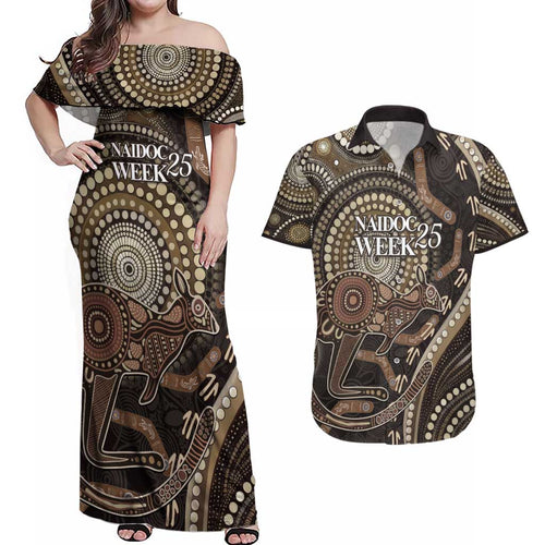 Australia NAIDOC Week 2025 Couples Matching Off Shoulder Maxi Dress and Hawaiian Shirt Boomerang Kangaroo Indigenous Art