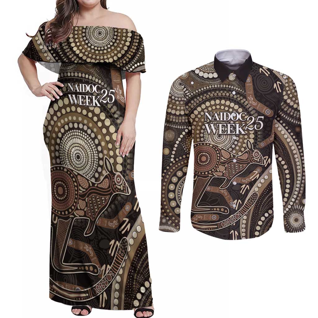Australia NAIDOC Week 2025 Couples Matching Off Shoulder Maxi Dress and Long Sleeve Button Shirt Boomerang Kangaroo Indigenous Art