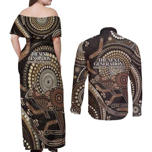 Australia NAIDOC Week 2025 Couples Matching Off Shoulder Maxi Dress and Long Sleeve Button Shirt Boomerang Kangaroo Indigenous Art