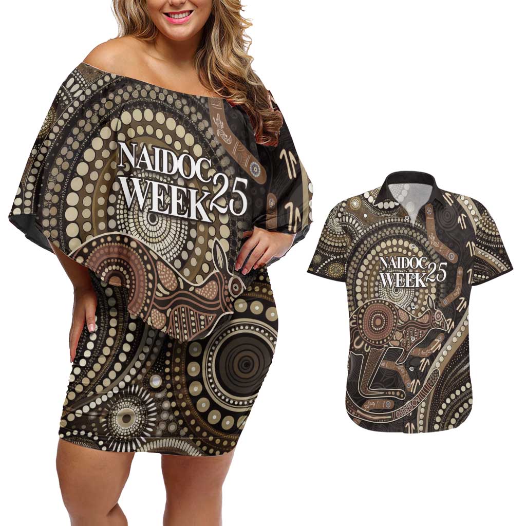 Australia NAIDOC Week 2025 Couples Matching Off Shoulder Short Dress and Hawaiian Shirt Boomerang Kangaroo Indigenous Art
