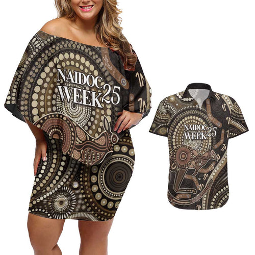 Australia NAIDOC Week 2025 Couples Matching Off Shoulder Short Dress and Hawaiian Shirt Boomerang Kangaroo Indigenous Art
