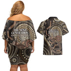Australia NAIDOC Week 2025 Couples Matching Off Shoulder Short Dress and Hawaiian Shirt Boomerang Kangaroo Indigenous Art