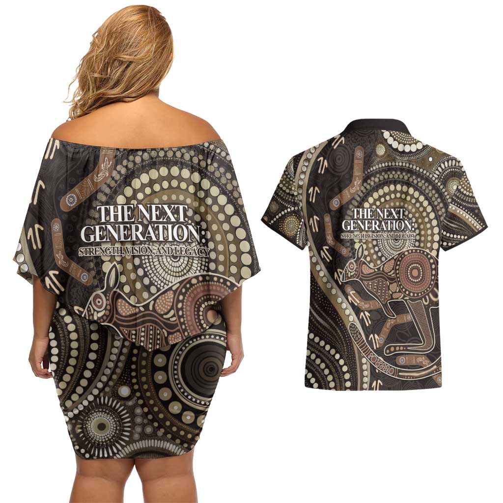 Australia NAIDOC Week 2025 Couples Matching Off Shoulder Short Dress and Hawaiian Shirt Boomerang Kangaroo Indigenous Art
