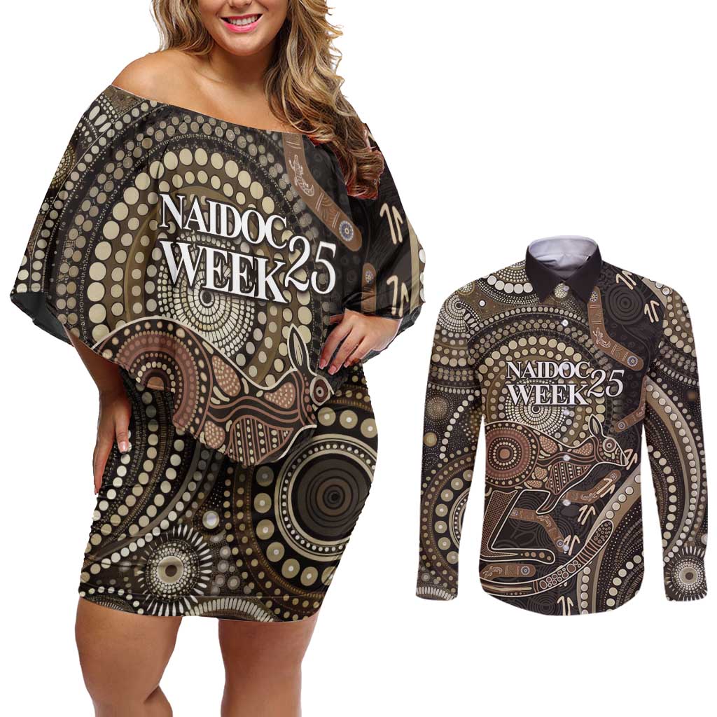 Australia NAIDOC Week 2025 Couples Matching Off Shoulder Short Dress and Long Sleeve Button Shirt Boomerang Kangaroo Indigenous Art