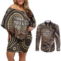 Australia NAIDOC Week 2025 Couples Matching Off Shoulder Short Dress and Long Sleeve Button Shirt Boomerang Kangaroo Indigenous Art