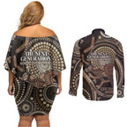 Australia NAIDOC Week 2025 Couples Matching Off Shoulder Short Dress and Long Sleeve Button Shirt Boomerang Kangaroo Indigenous Art