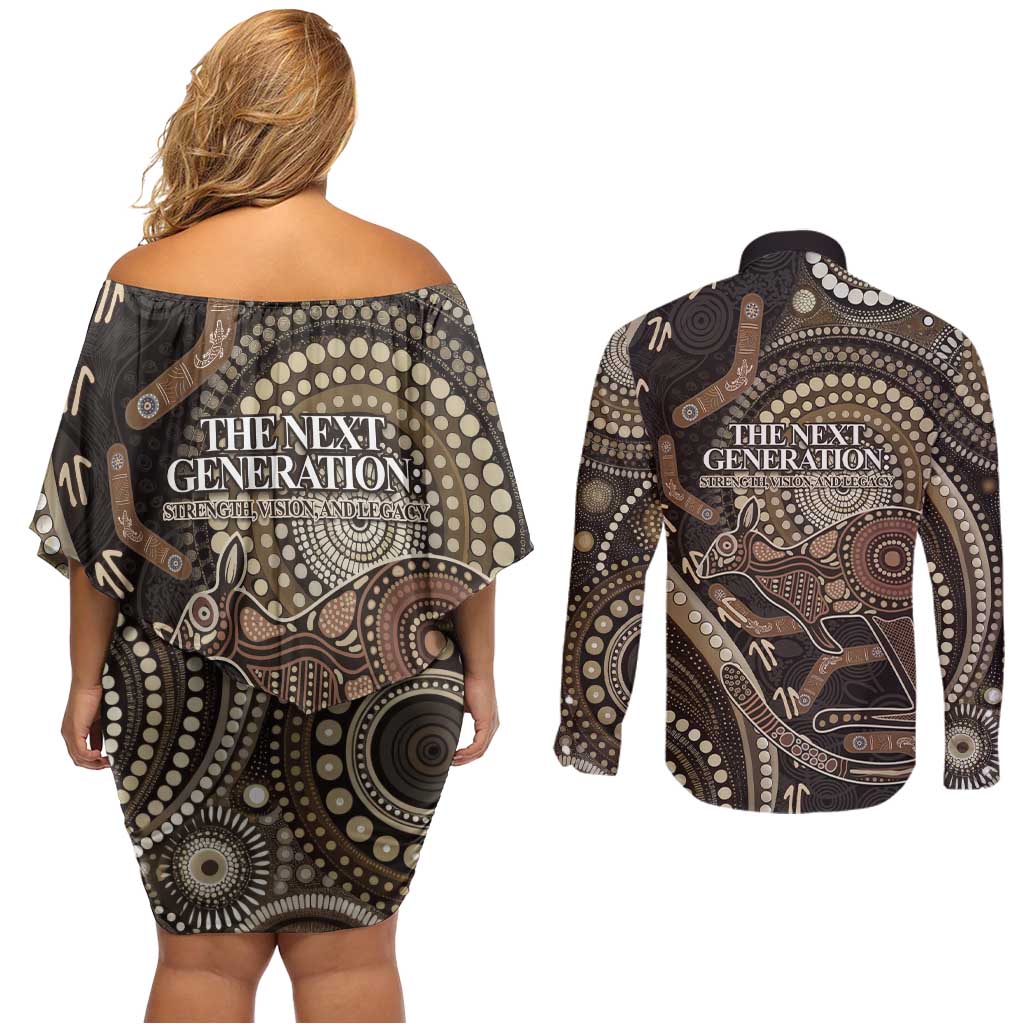 Australia NAIDOC Week 2025 Couples Matching Off Shoulder Short Dress and Long Sleeve Button Shirt Boomerang Kangaroo Indigenous Art