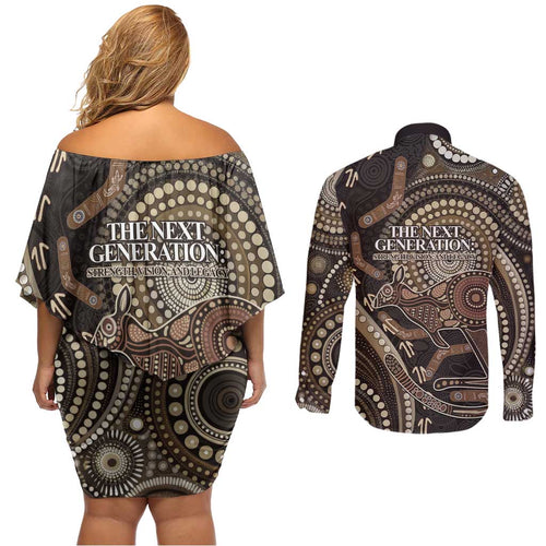 Australia NAIDOC Week 2025 Couples Matching Off Shoulder Short Dress and Long Sleeve Button Shirt Boomerang Kangaroo Indigenous Art