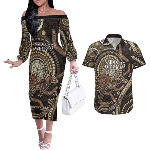 Australia NAIDOC Week 2025 Couples Matching Off The Shoulder Long Sleeve Dress and Hawaiian Shirt Boomerang Kangaroo Indigenous Art