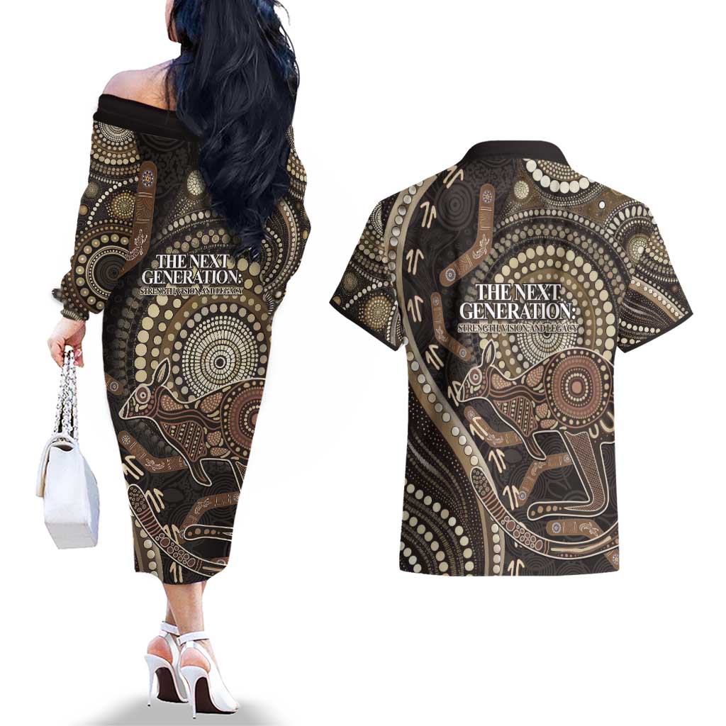 Australia NAIDOC Week 2025 Couples Matching Off The Shoulder Long Sleeve Dress and Hawaiian Shirt Boomerang Kangaroo Indigenous Art