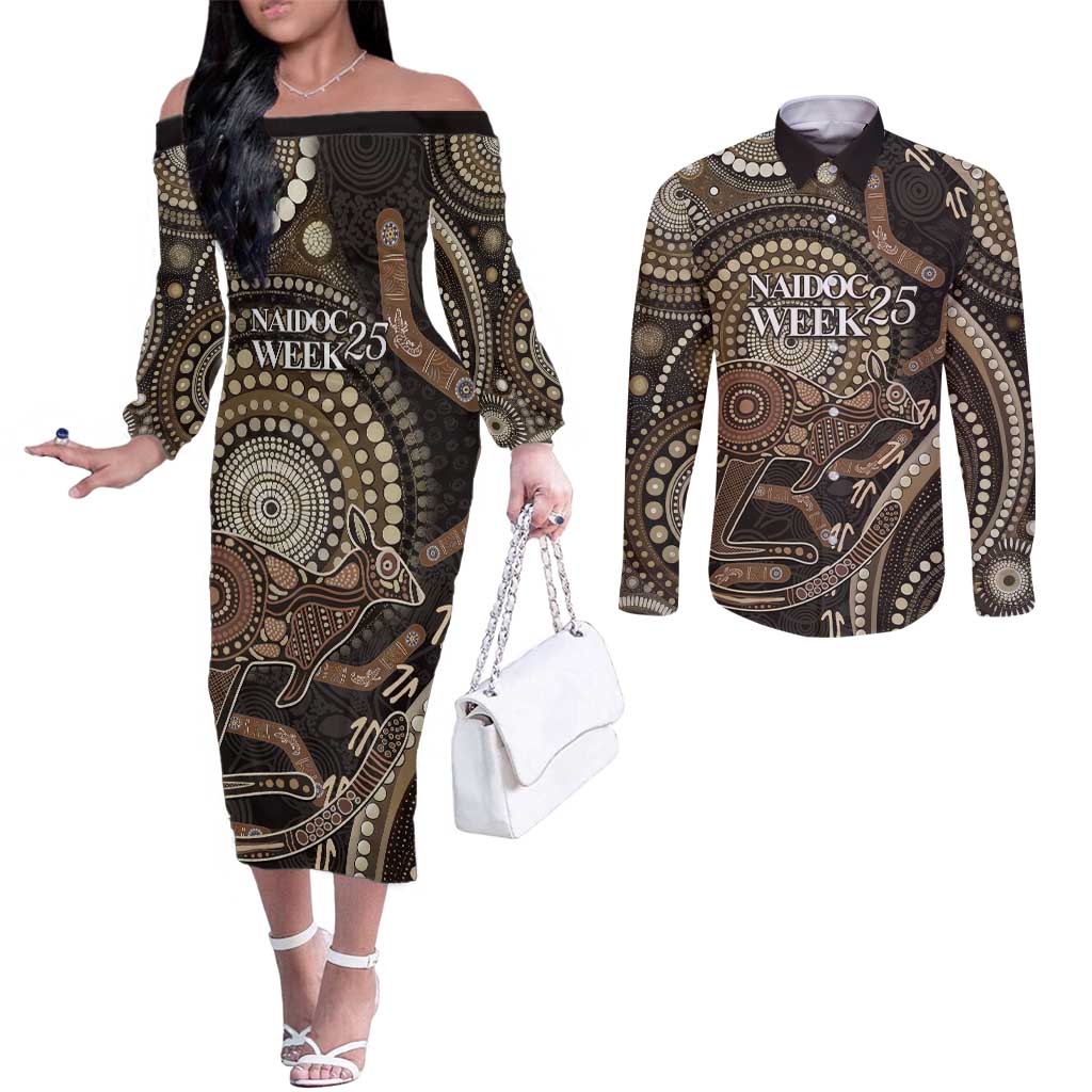 Australia NAIDOC Week 2025 Couples Matching Off The Shoulder Long Sleeve Dress and Long Sleeve Button Shirt Boomerang Kangaroo Indigenous Art