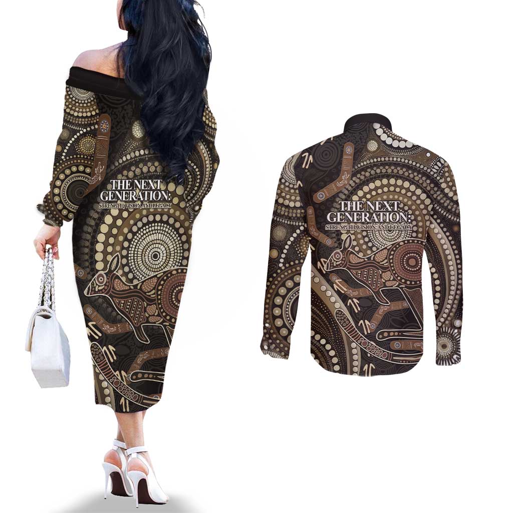 Australia NAIDOC Week 2025 Couples Matching Off The Shoulder Long Sleeve Dress and Long Sleeve Button Shirt Boomerang Kangaroo Indigenous Art