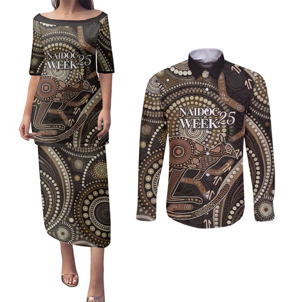 Australia NAIDOC Week 2025 Couples Matching Puletasi and Long Sleeve Button Shirt Boomerang Kangaroo Indigenous Art