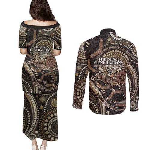 Australia NAIDOC Week 2025 Couples Matching Puletasi and Long Sleeve Button Shirt Boomerang Kangaroo Indigenous Art