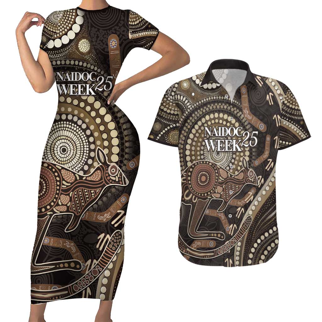 Australia NAIDOC Week 2025 Couples Matching Short Sleeve Bodycon Dress and Hawaiian Shirt Boomerang Kangaroo Indigenous Art