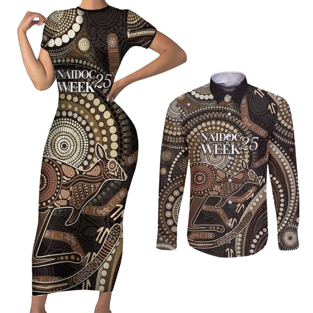 Australia NAIDOC Week 2025 Couples Matching Short Sleeve Bodycon Dress and Long Sleeve Button Shirt Boomerang Kangaroo Indigenous Art