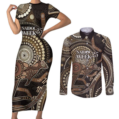 Australia NAIDOC Week 2025 Couples Matching Short Sleeve Bodycon Dress and Long Sleeve Button Shirt Boomerang Kangaroo Indigenous Art