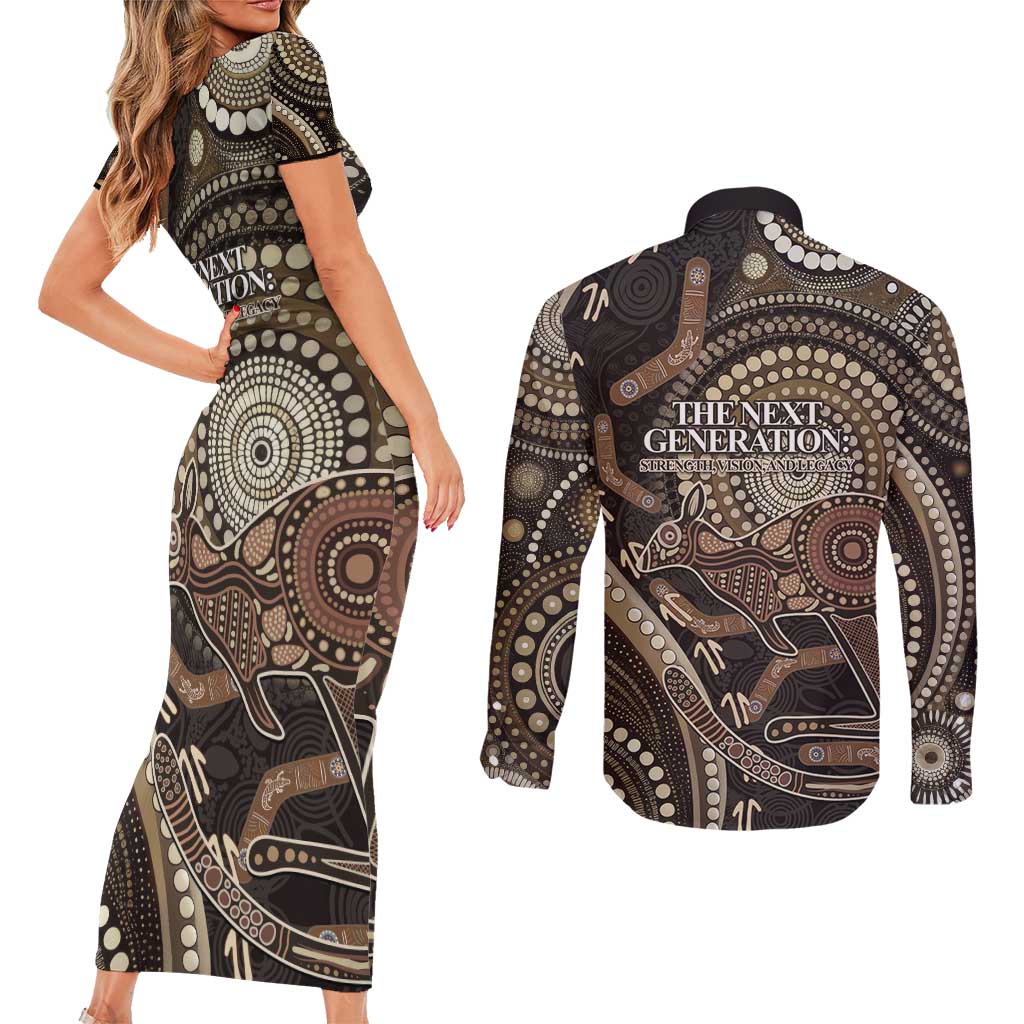 Australia NAIDOC Week 2025 Couples Matching Short Sleeve Bodycon Dress and Long Sleeve Button Shirt Boomerang Kangaroo Indigenous Art
