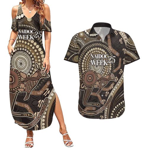 Australia NAIDOC Week 2025 Couples Matching Summer Maxi Dress and Hawaiian Shirt Boomerang Kangaroo Indigenous Art