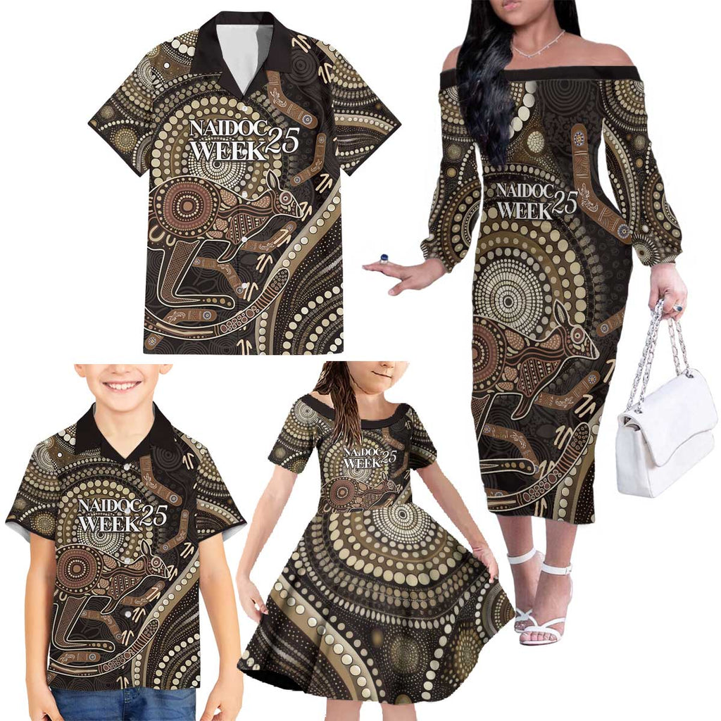 Australia NAIDOC Week 2025 Family Matching Off The Shoulder Long Sleeve Dress and Hawaiian Shirt Boomerang Kangaroo Indigenous Art