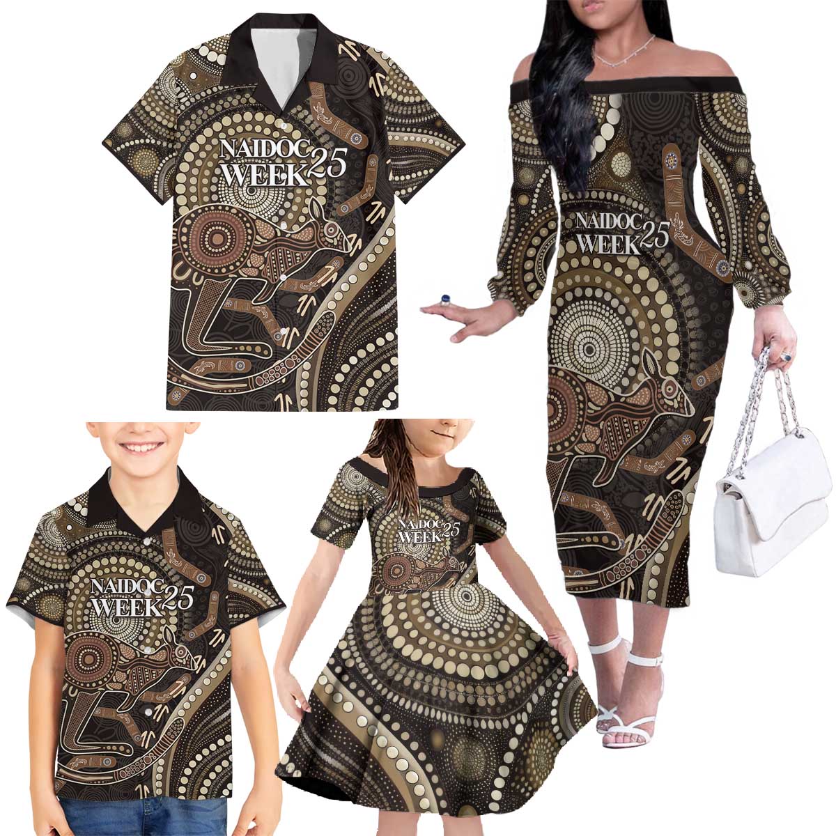 Australia NAIDOC Week 2025 Family Matching Off The Shoulder Long Sleeve Dress and Hawaiian Shirt Boomerang Kangaroo Indigenous Art