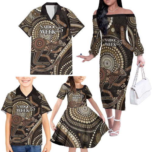 Australia NAIDOC Week 2025 Family Matching Off The Shoulder Long Sleeve Dress and Hawaiian Shirt Boomerang Kangaroo Indigenous Art