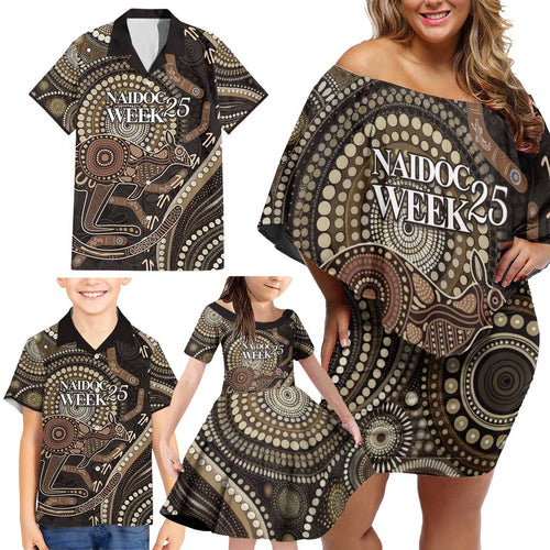 Australia NAIDOC Week 2025 Family Matching Off Shoulder Short Dress and Hawaiian Shirt Boomerang Kangaroo Indigenous Art