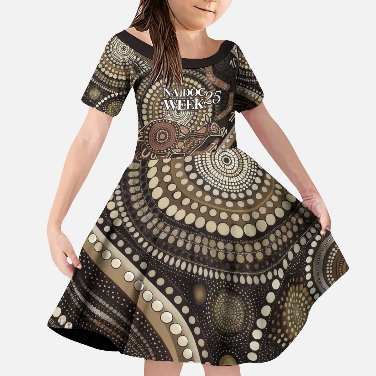Australia NAIDOC Week 2025 Kid Short Sleeve Dress Boomerang Kangaroo Indigenous Art