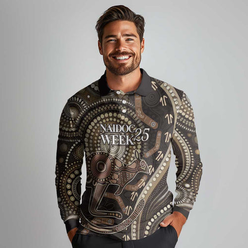 Australia NAIDOC Week 2025 Long Sleeve Polo Shirt Boomerang Kangaroo Indigenous Art