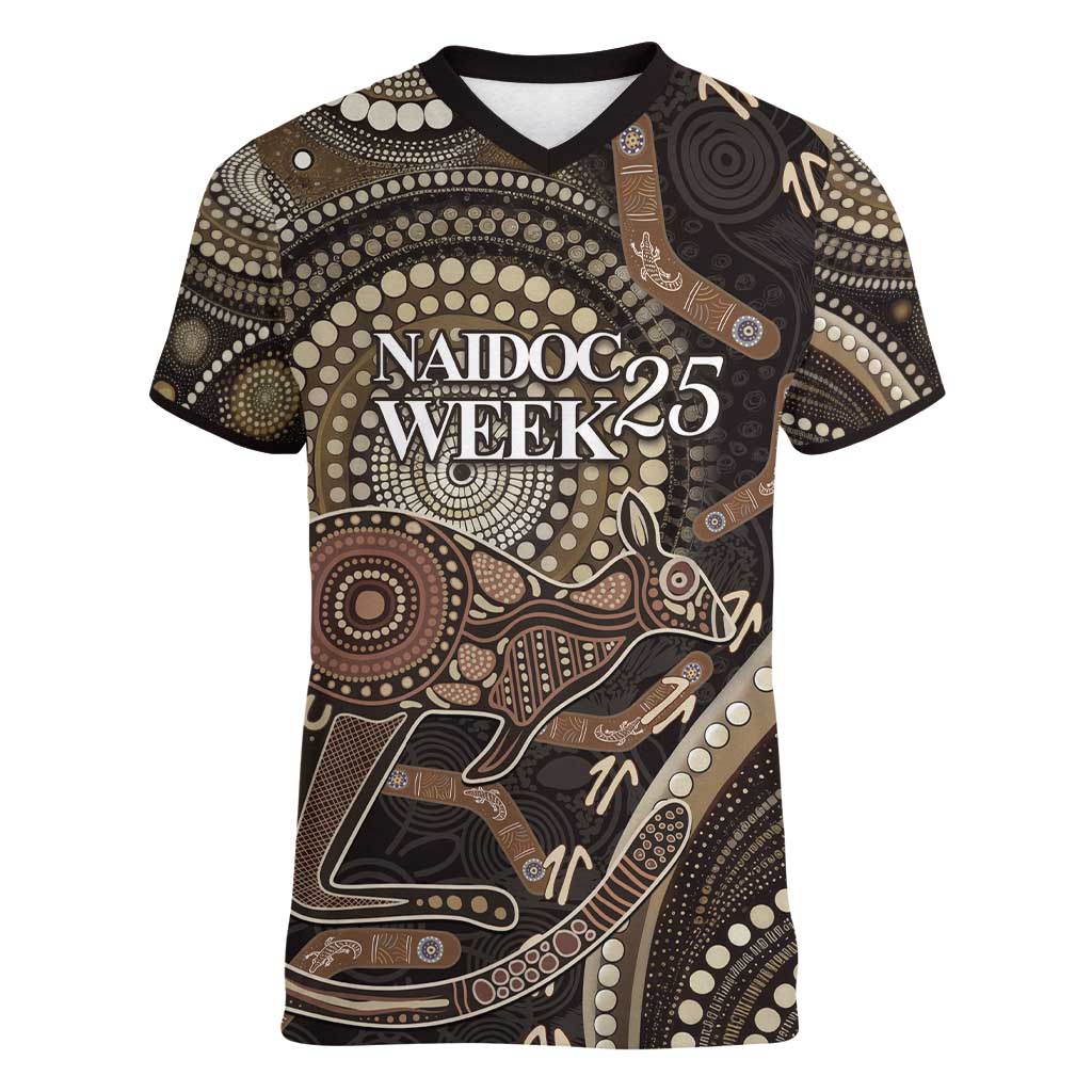 Australia NAIDOC Week 2025 Women V-Neck T-Shirt Boomerang Kangaroo Indigenous Art