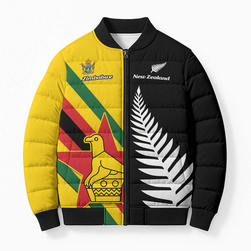 Custom New Zealand and Zimbabwe Bomber Puffer Jacket NZ Fern Zim Flag Half Style