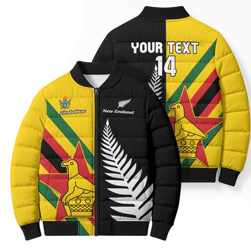 Custom New Zealand and Zimbabwe Bomber Puffer Jacket NZ Fern Zim Flag Half Style