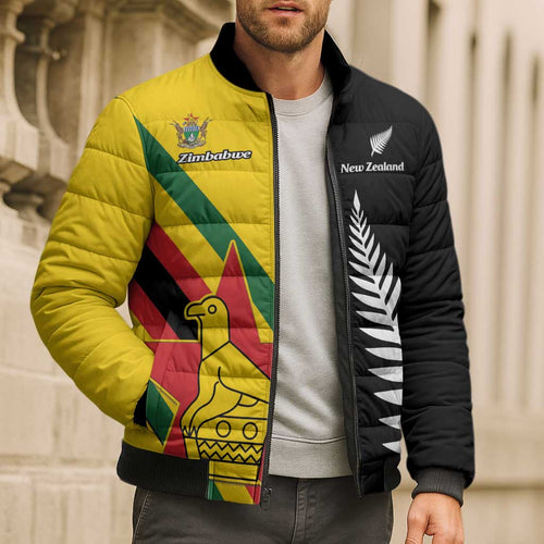 Custom New Zealand and Zimbabwe Bomber Puffer Jacket NZ Fern Zim Flag Half Style