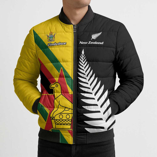 Custom New Zealand and Zimbabwe Bomber Puffer Jacket NZ Fern Zim Flag Half Style